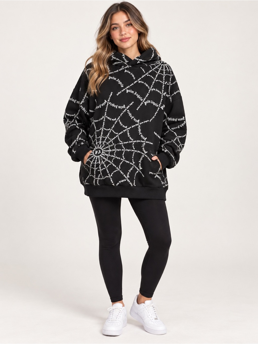 Palm Angels Black Hoodie with White Spiderweb Graphic